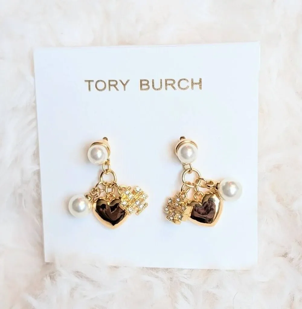 TORY BURCH Pearl Gold Heart Pave Logo Drop Dangle Earrings